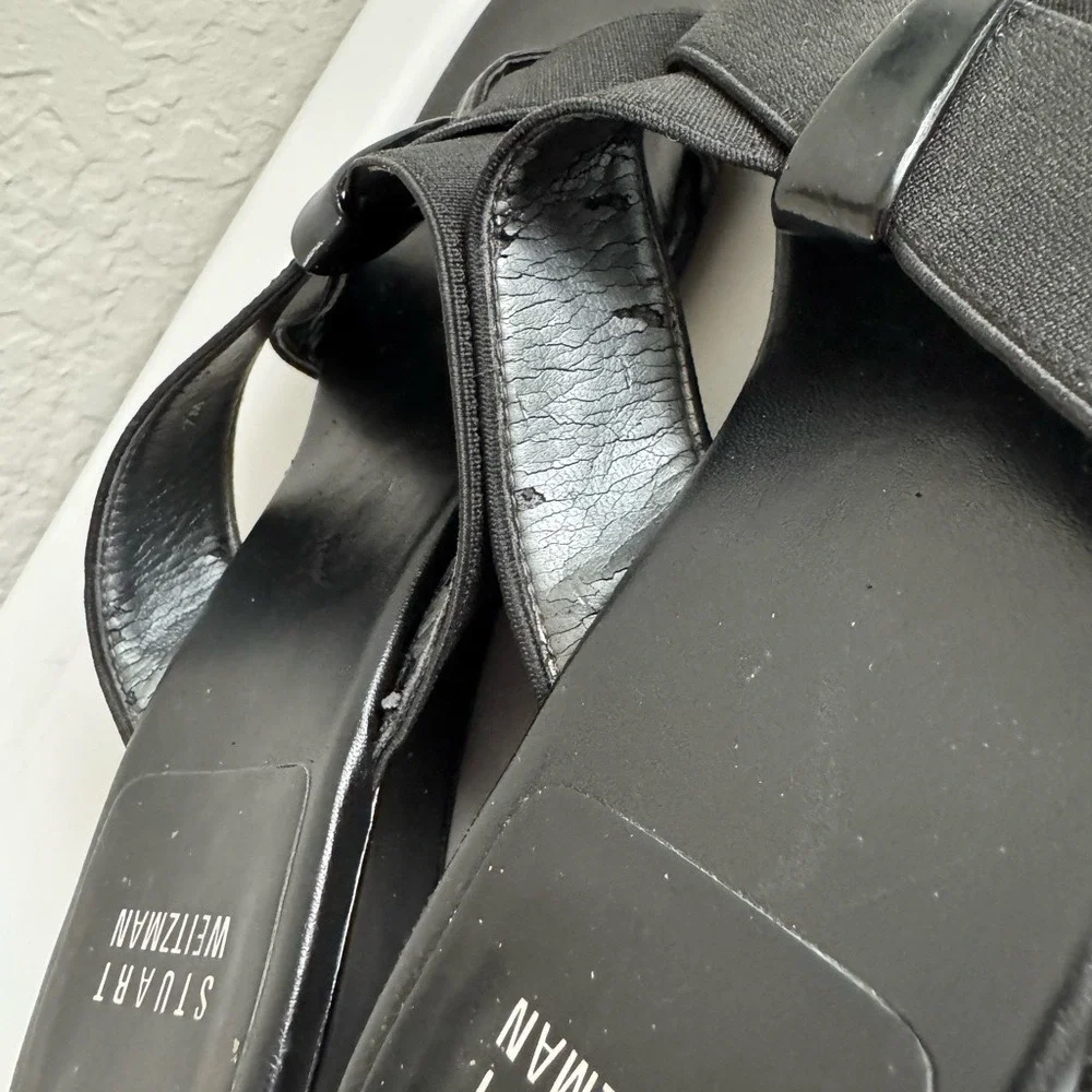 Stuart Weitzman Patent‎ Leather Elastic Wedge Sandals Size 7 W Box Ret $285